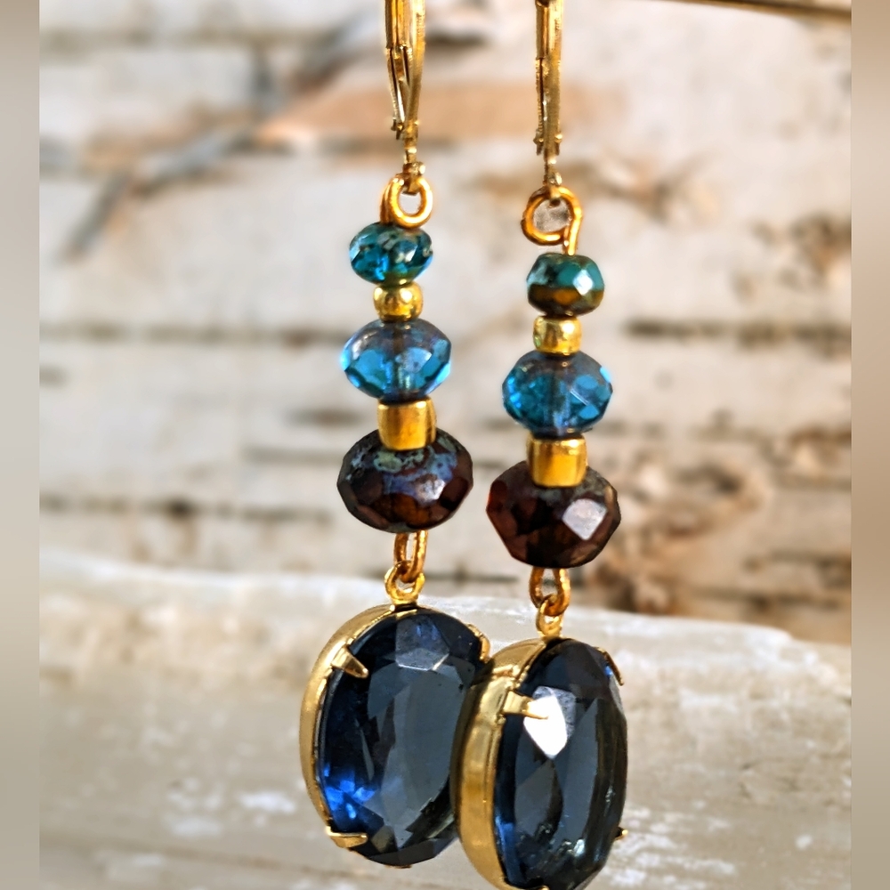 Blue Tanzanite Simulated 19 Total Carats Weight & Blue Bead Drop Down Earrings